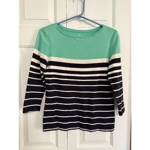 Talbots Womens Small 100% Cotton Striped Shirt Top Teal Striped 3/4 Sleeve